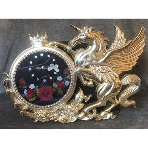 Vtg Unicorn L 1970s MCM Eleco Gold Kitsch WALL CLOCK Pegasus Butterfly WORKS